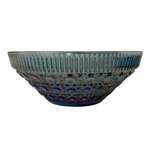 Indiana Glass Windsor Blue Carnival Glass Salad Bowl Iridescent Button and Cane